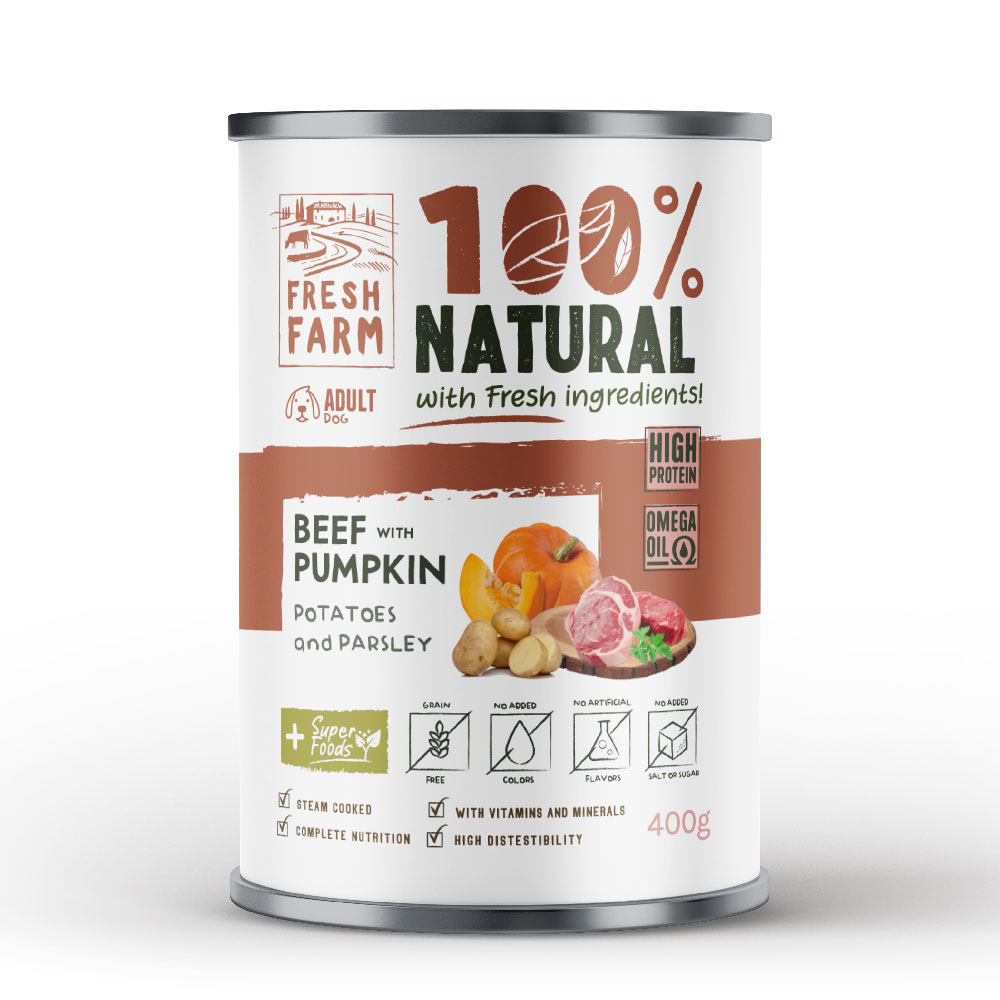 Fresh Farm 100% Natural χονδροκομμένο Πατέ  με μοσχάρι, κολοκύθα,  πατάτα και μαϊντανό Can 400gr