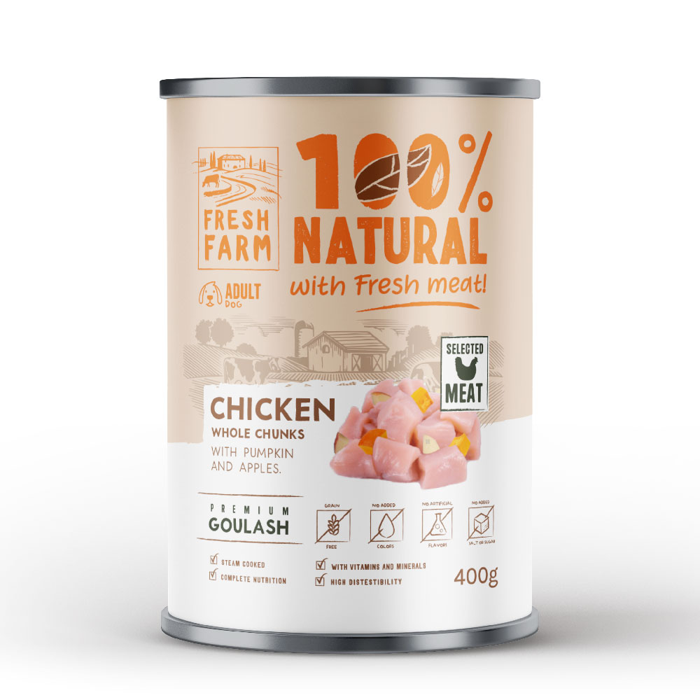 Fresh Farm 100% Natural Μονοπρωτεϊνική με κοτόπουλο κολοκύθα και μήλο Can 400gr