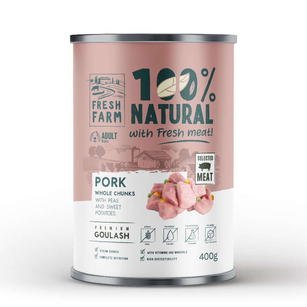 Fresh Farm 100% Natural Μονοπρωτεϊνική με χοιρινό, αρακά και γλυκοπατάτα Can 400gr