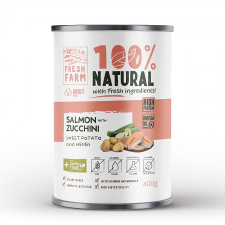 Fresh Farm 100% Natural χονδροκομμένο Πατέ  με σολομό, κολοκύθι, γλυκοπατάτα και βότανα Can 400gr