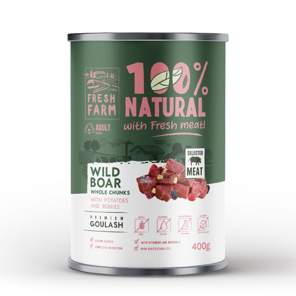 Fresh Farm 100% Natural Μονοπρωτεϊνική με αγριόχοιρο, πατάτα και μούρα Can 400gr