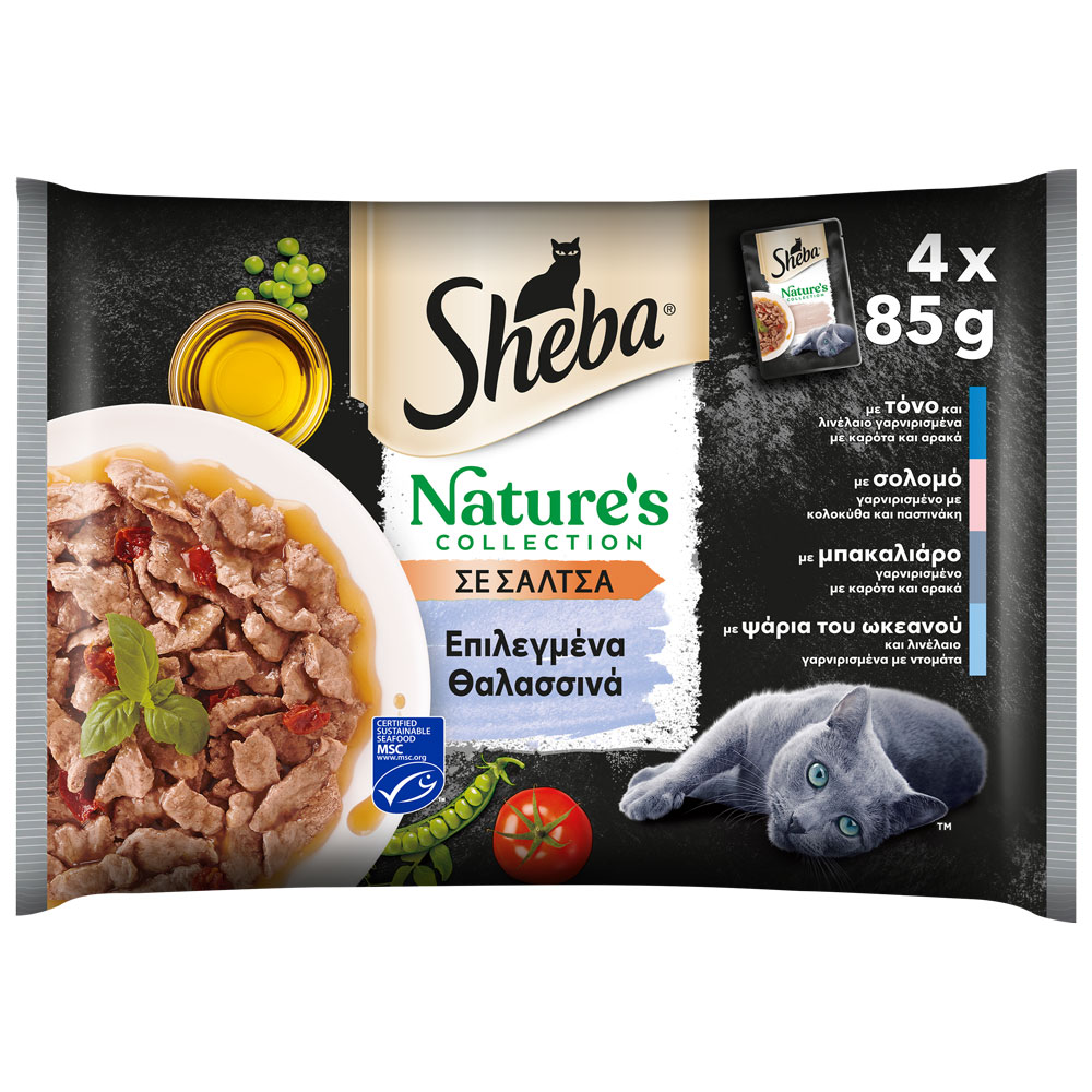 SHEBA Nature's Collection® Adult Πλήρης Υγρή Τροφή Γάτας Επιλεγμένα θαλασσινά σε σάλτσα (Τόνο, Σολομό, Μπακαλιάρο, Ψάρια Ωκεανού) Φακελάκι Πολυσυσκευασία 4x85g