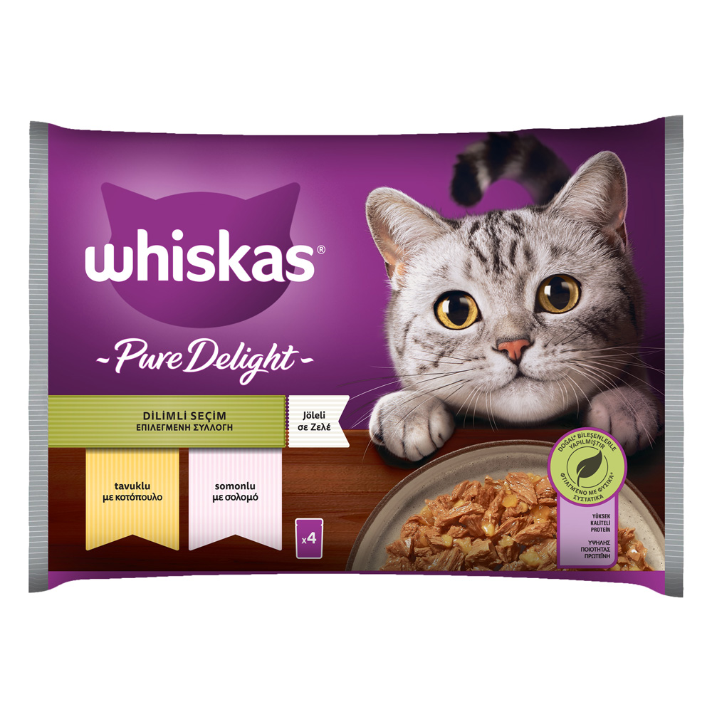 WHISKAS ΦΑΚΕΛΑΚΙ PURE DELIGHT ΕΠΙΛΕΓΜΕΝΗ ΣΥΛΛΟΓΗ ΜΕ ΣΟΛΟΜΟ KAI ΚΟΤΟΠOΥΛΟ ΣΕ ΖΕΛΕ 4x85g