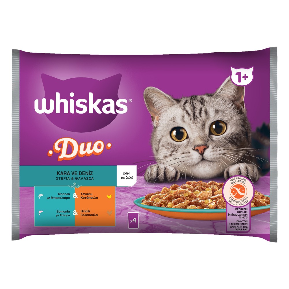 WHISKAS ΦΑΚΕΛΑΚΙ DUO ΣΤΕΡΙΑ ΚΑΙ ΘΑΛΑΣΣΑ ΜΕ ΜΠΑΚΑΛΙΑΡΟ & ΚΟΤΟΠΟΥΛΟ / ΣΟΛΟΜΟ &ΓΑΛΟΠΟΥΛΑ ΣΕ ΖΕΛΕ 4x85g